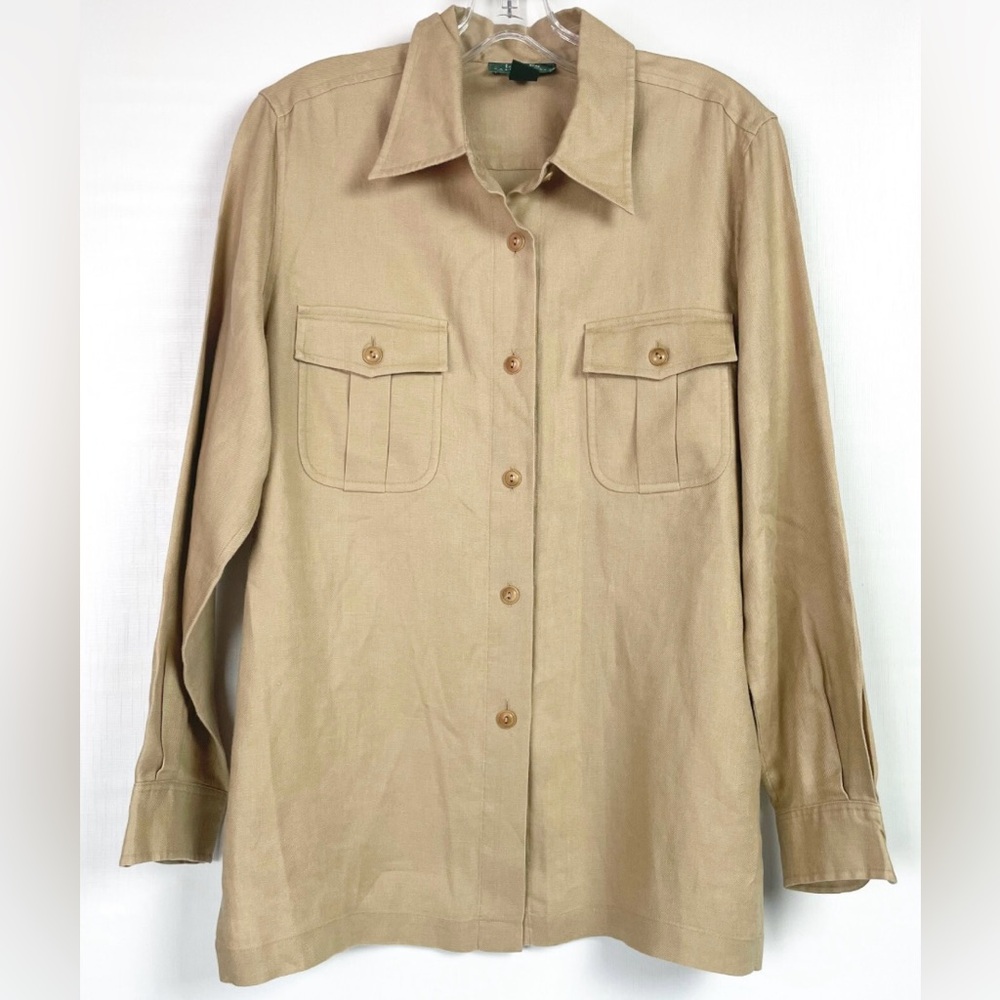 Lauren‎ Ralph Lauren Linen Safari Shirt Beige Utility Button Up Size 8 - Picture 2 of 10